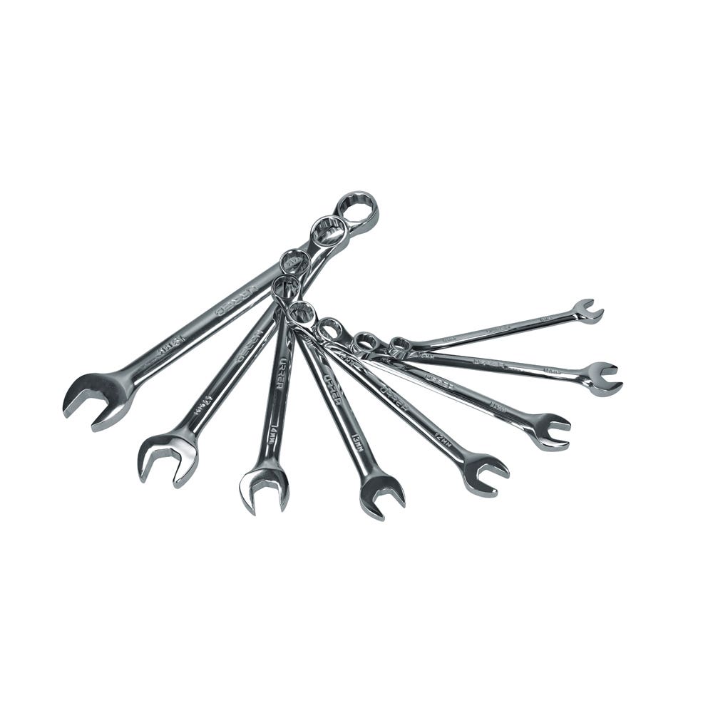 Juego de llaves combinadas pulido espejo métricas, 12 puntas, 8 piezas en rack Urrea