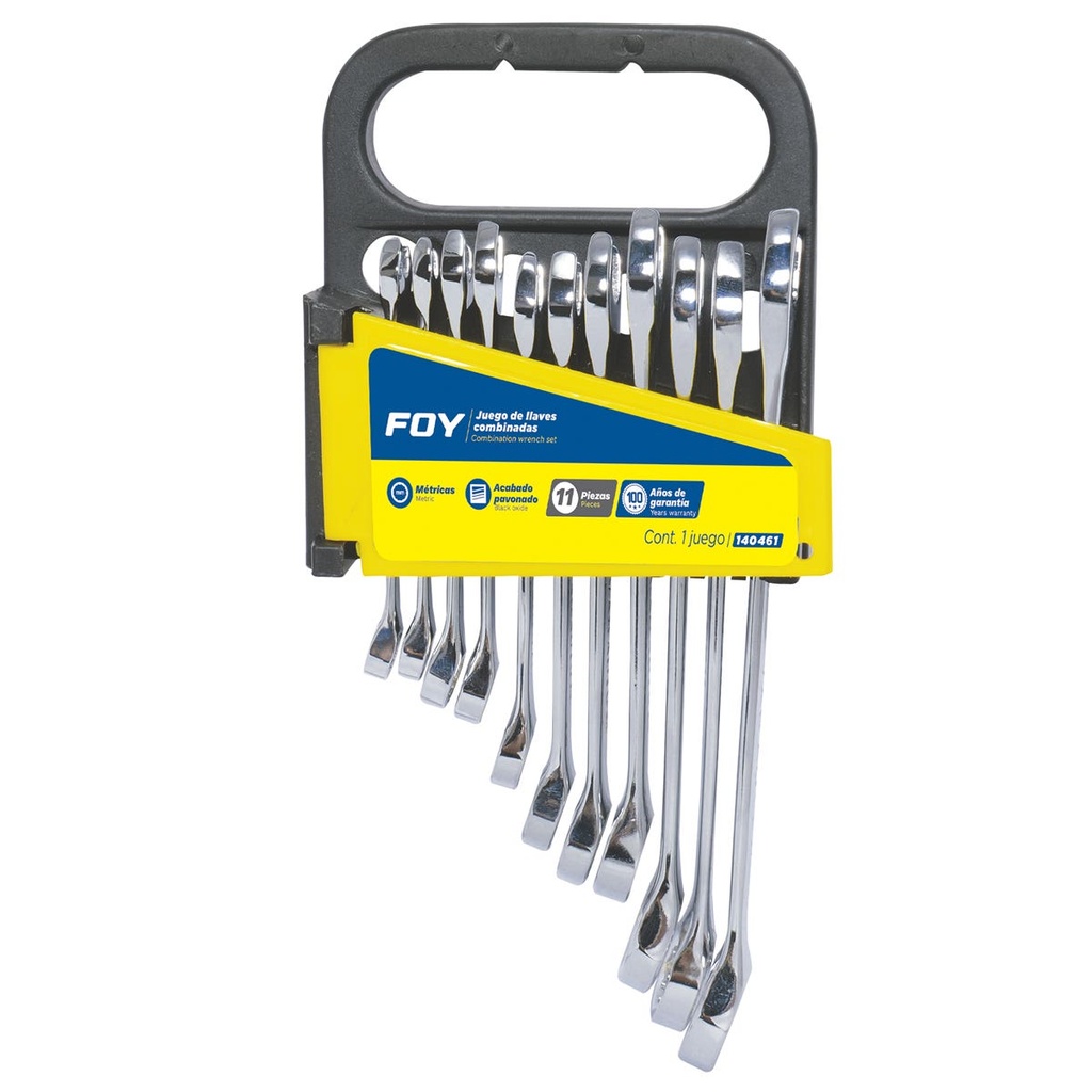 Juego de llaves combinadas pulido espejo métricas, 12 puntas, 11 piezas en rack Foy