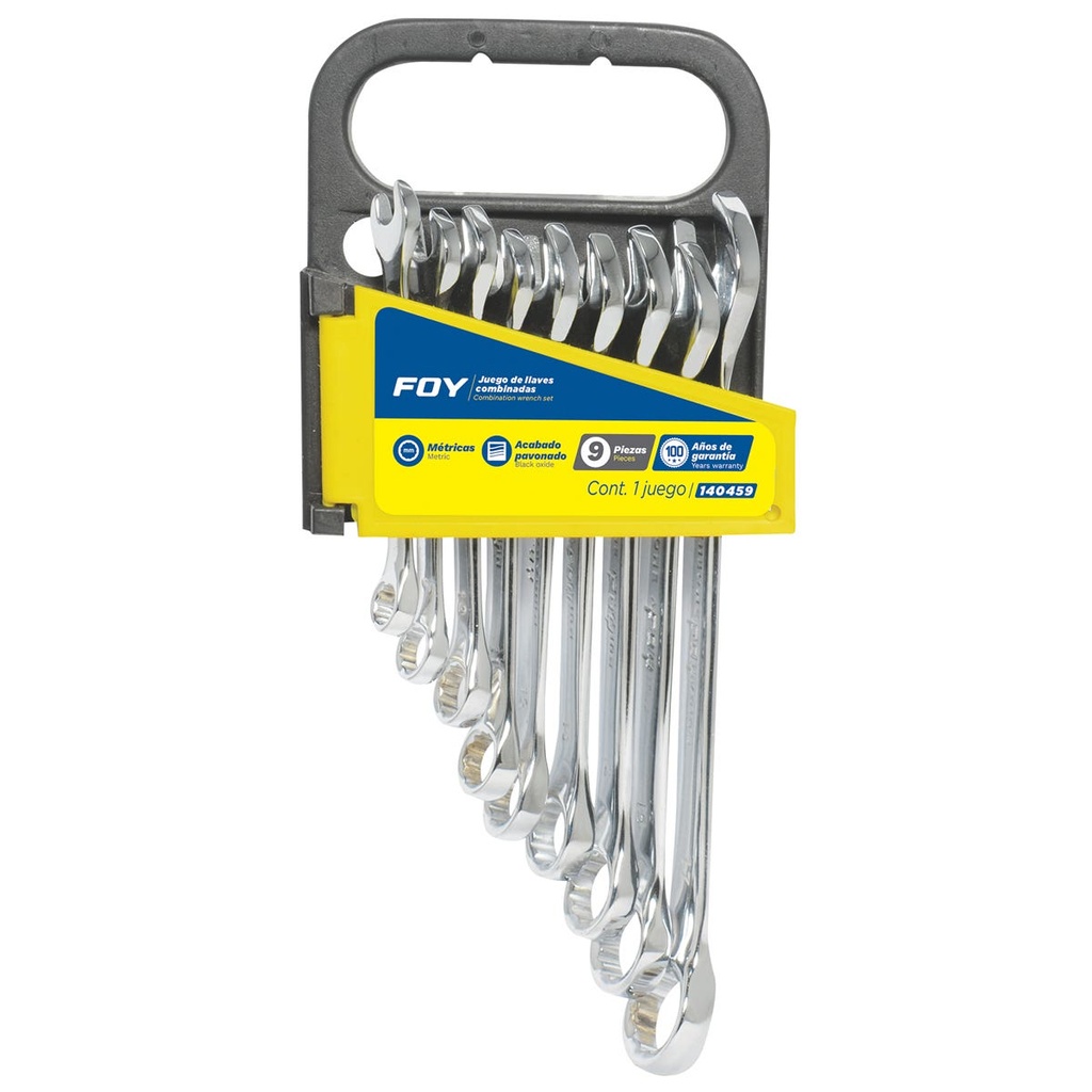 Juego de llaves combinadas pulido espejo métricas, 12 puntas, 9 piezas en rack Foy
