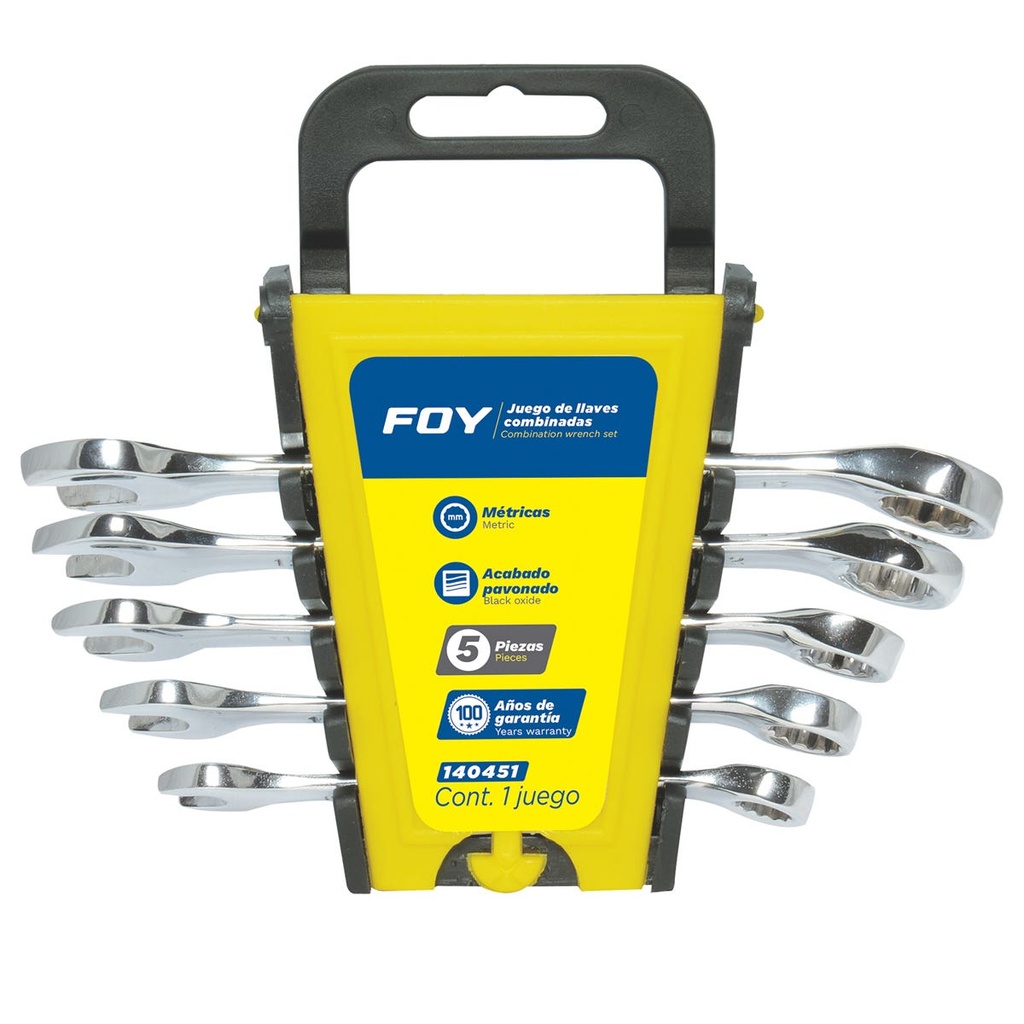 Juego de llaves combinadas pulido espejo métricas, 12 puntas, 5 piezas en rack Foy