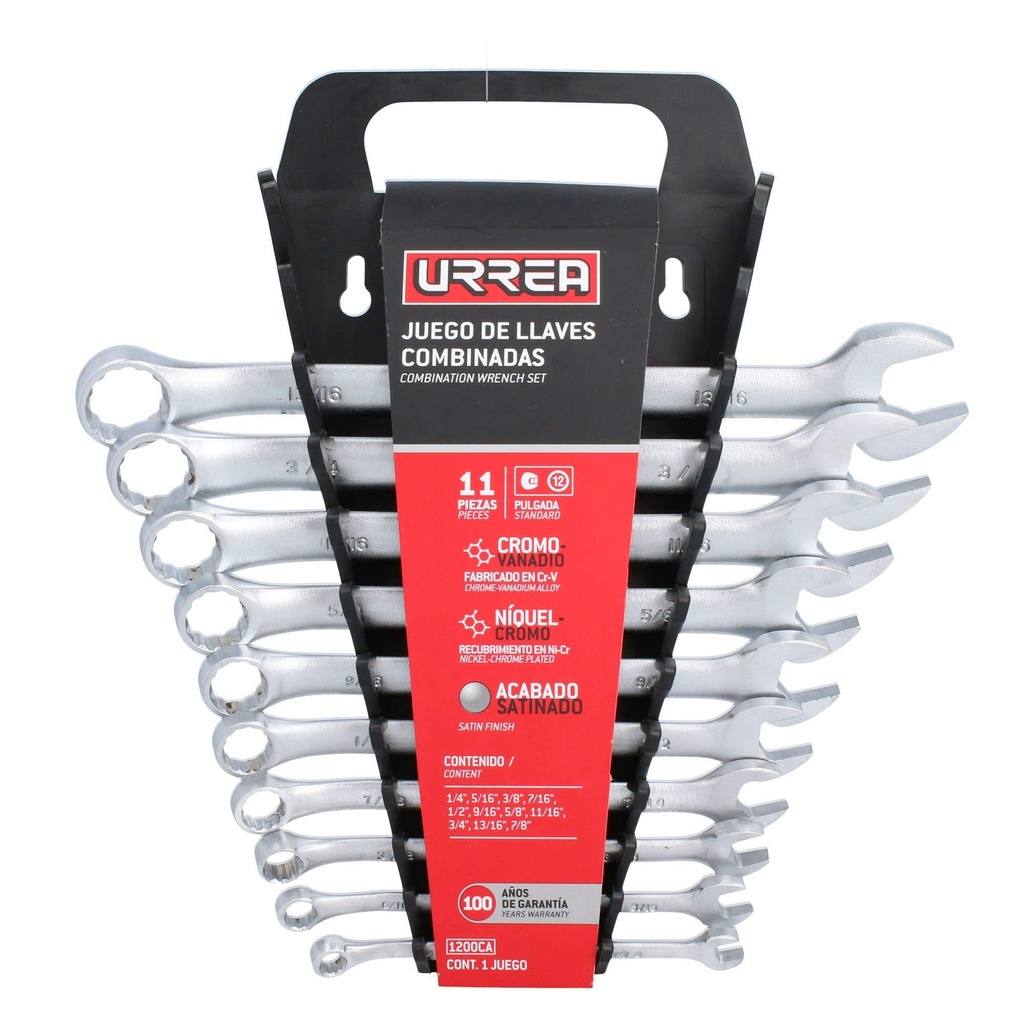 Juego de llaves combinadas satinadas en pulgadas, 12 puntas, 11 piezas en rack Urrea