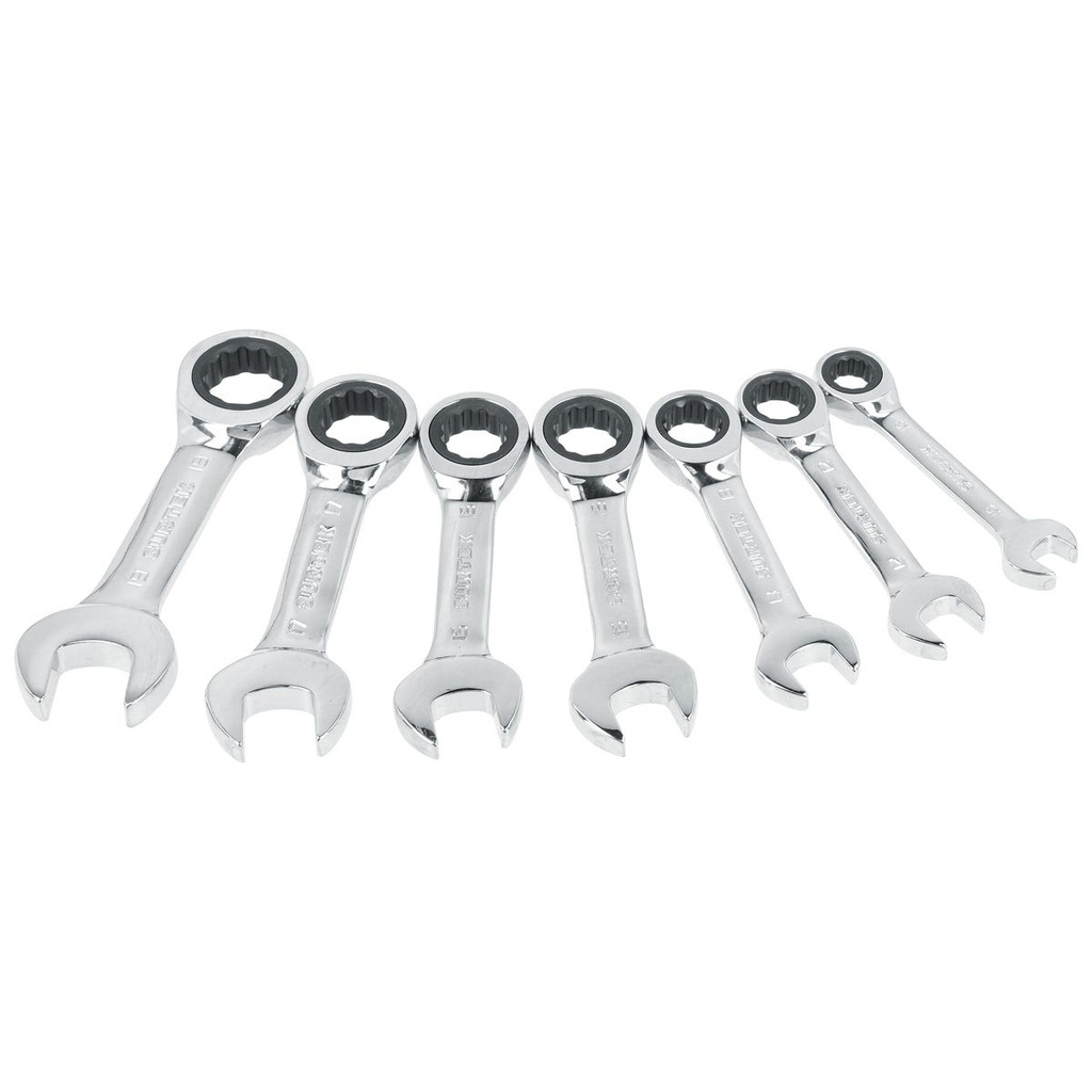 Juego de llaves combinadas cortas pulido espejo de matraca mét, 12 puntas,7 pz en rack Surtek