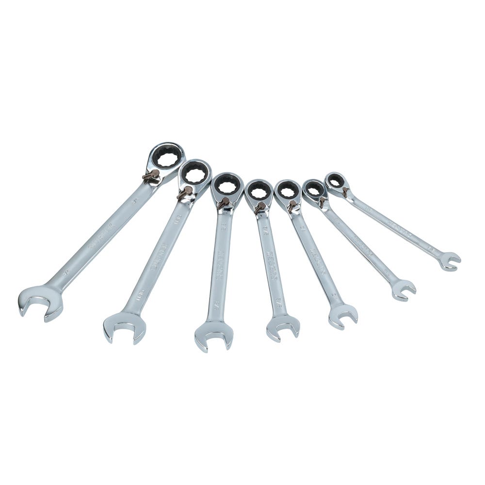 Juego de llaves combinadas pulido espejo de matraca rev en pulg, 12 puntas,7 pz en rack Surtek