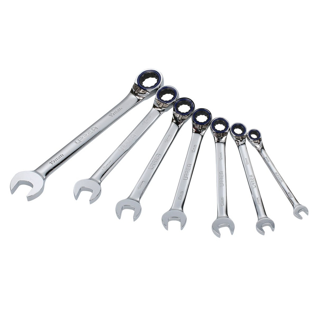 Juego de llaves combinadas pulido espejo de matraca rev mét, 12 puntas,7 pz en rack Urrea