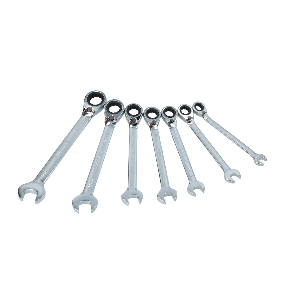 Juego de llaves combinadas pulido espejo de matraca rev mét, 12 puntas,7 pz en rack Surtek