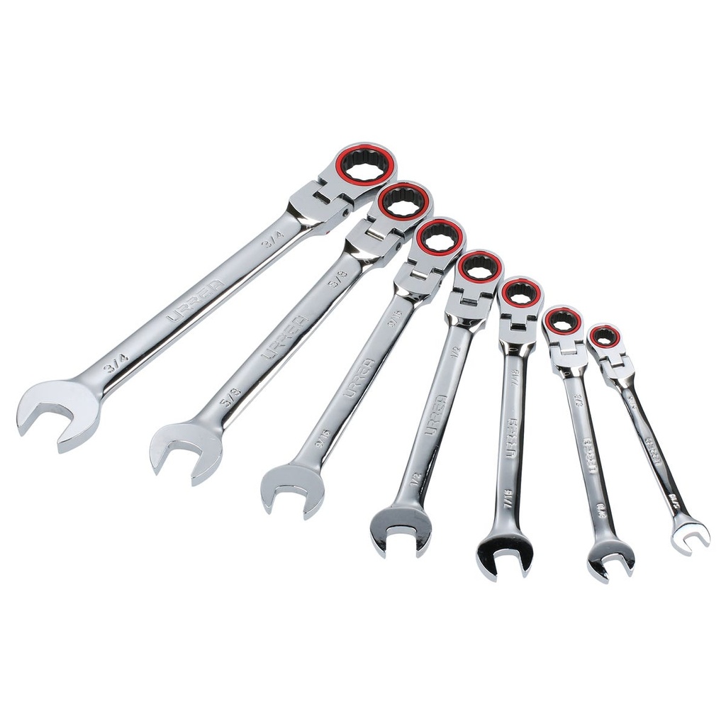 Juego de llaves combinadas pulido espejo de matraca flex en pulg, 12 puntas,7 pz en rack Urrea