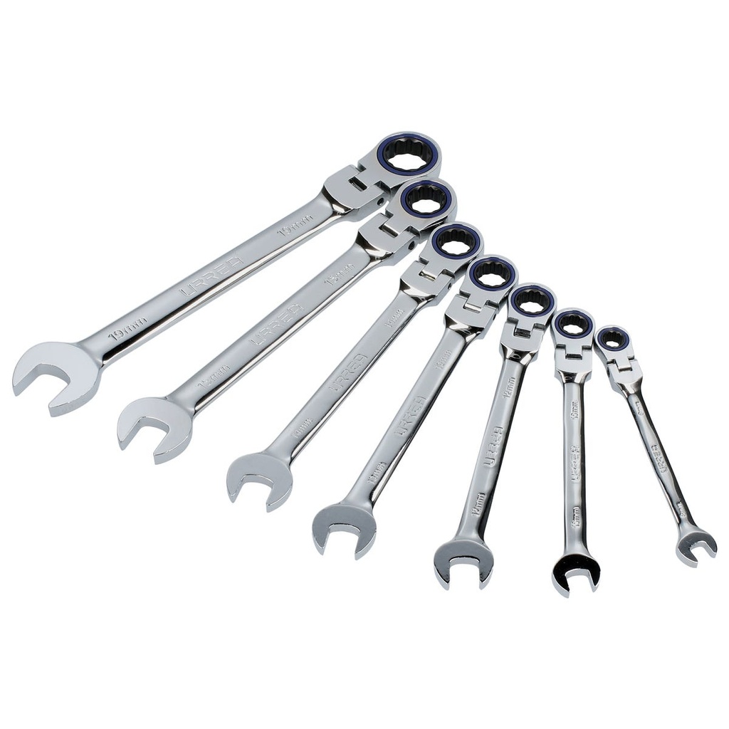 Juego de llaves combinadas pulido espejo de matraca flex mét, 12 puntas,7 pz en rack Urrea