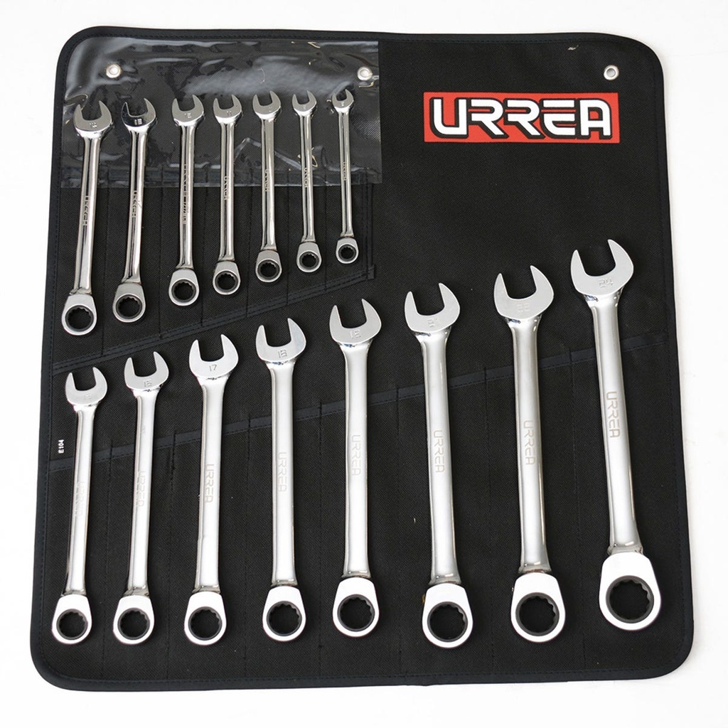 Juego de llaves combinadas pulido espejo de matraca mét, 12 puntas, 15 piezas en estuche Urrea