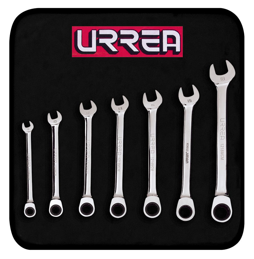 Juego de llaves combinadas pulido espejo de matraca mét, 12 puntas, 7 piezas en estuche Urrea