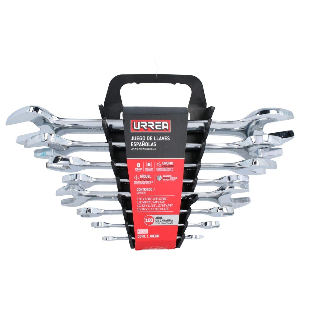 Juego de llaves españolas pulido espejo en pulgadas, 8 piezas en rack Urrea