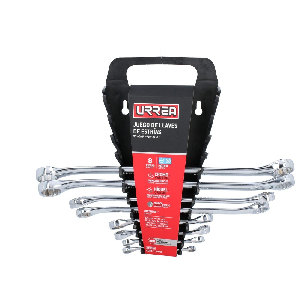 Juego de llaves de estrías pulido espejo de 15° métricas, 12 puntas, 8 piezas en rack Urrea