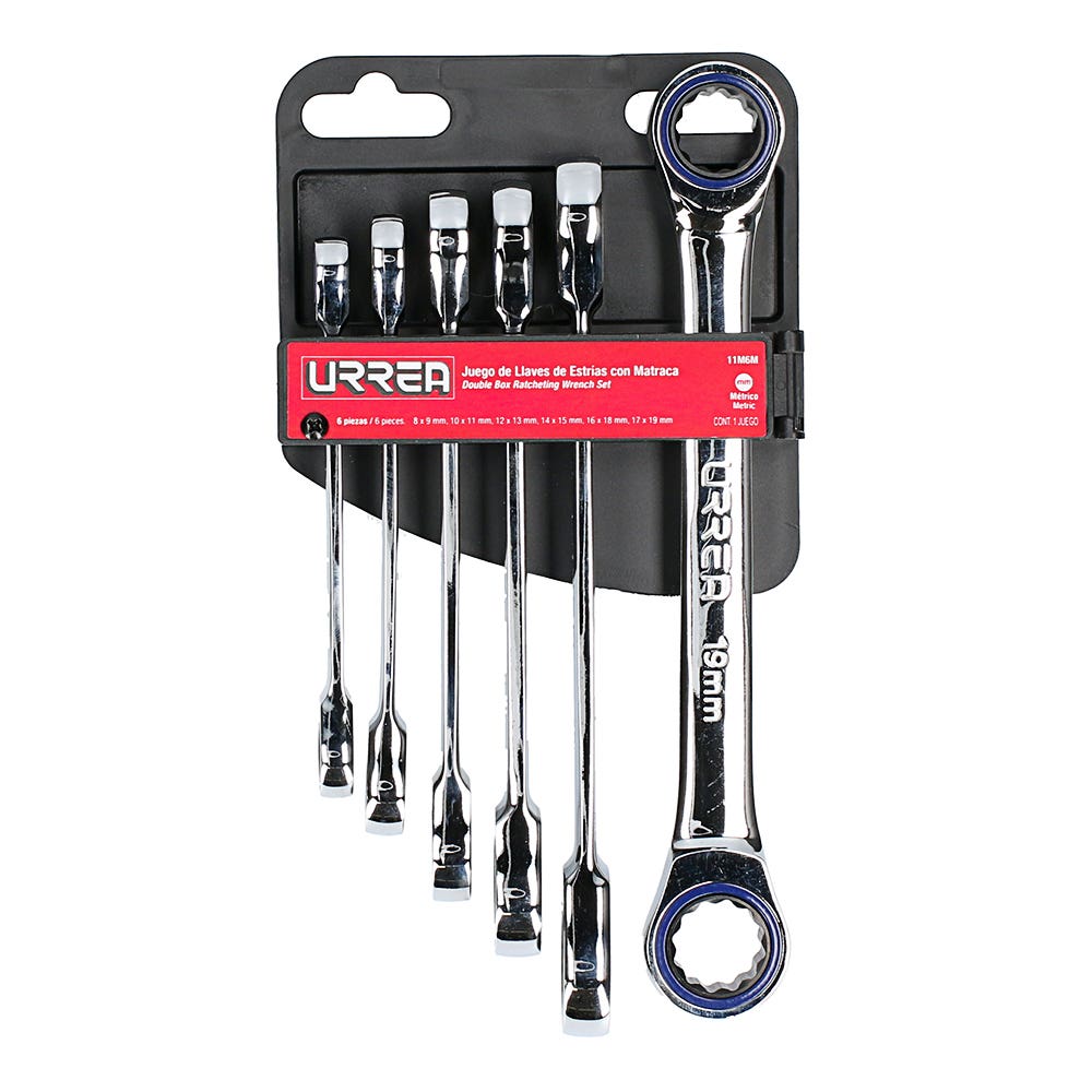 Juego de llaves de estrías pulido espejo con matraca métricas, 12 puntas, 6 pz en rack Urrea