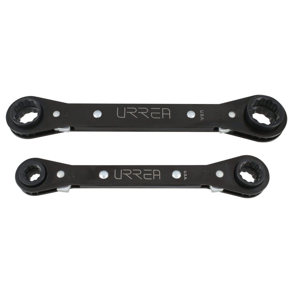 Juego de llaves de estrías de matraca reversible 4 en 1 métricas, 12 puntas, 2 pz en rack Urrea