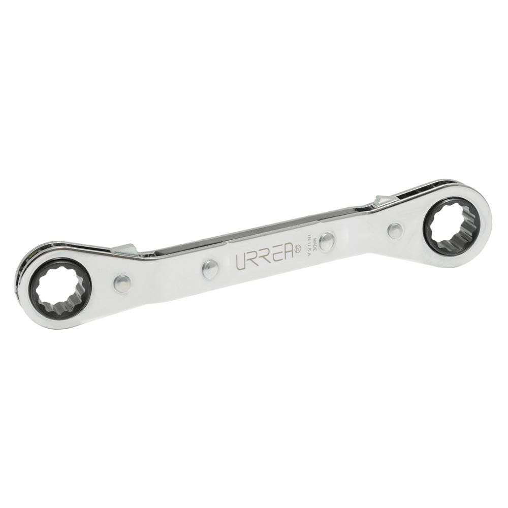 Llave de estrías pulido espejo acodada de matraca en pulgadas, 12 puntas, 3/8" x 7/16" Urrea