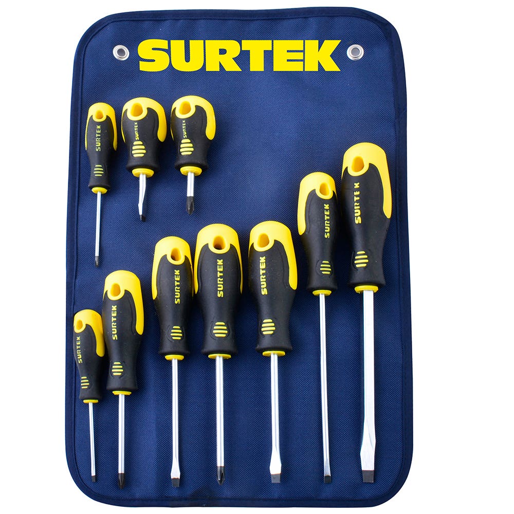 Juego de destornilladores con mango bimaterial combinados, 10 piezas en estuche Surtek