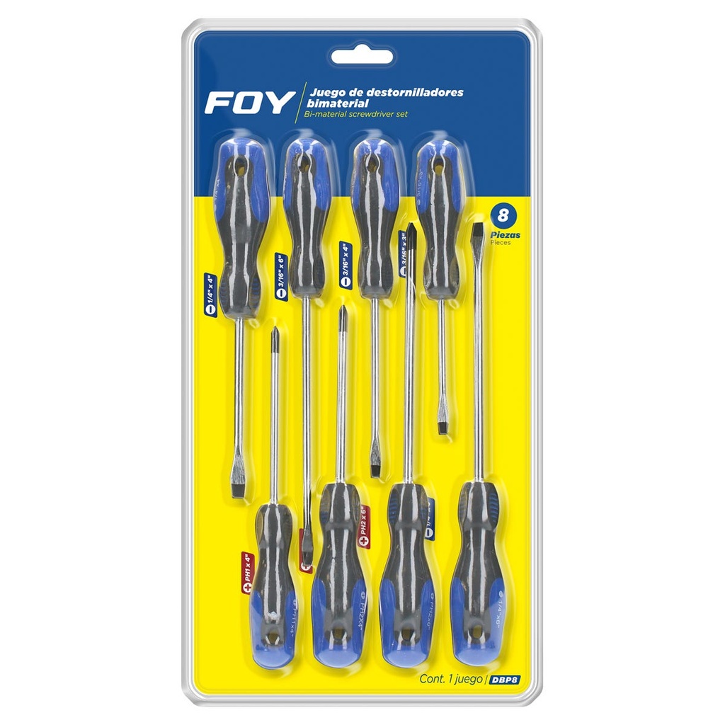 Juego de destornilladores con mango bimaterial combinados, 8 piezas en blíster Foy