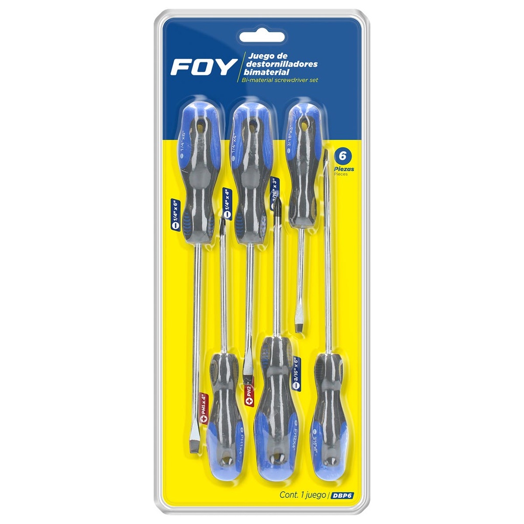 Juego de destornilladores con mango bimaterial combinados, 6 piezas en blíster Foy