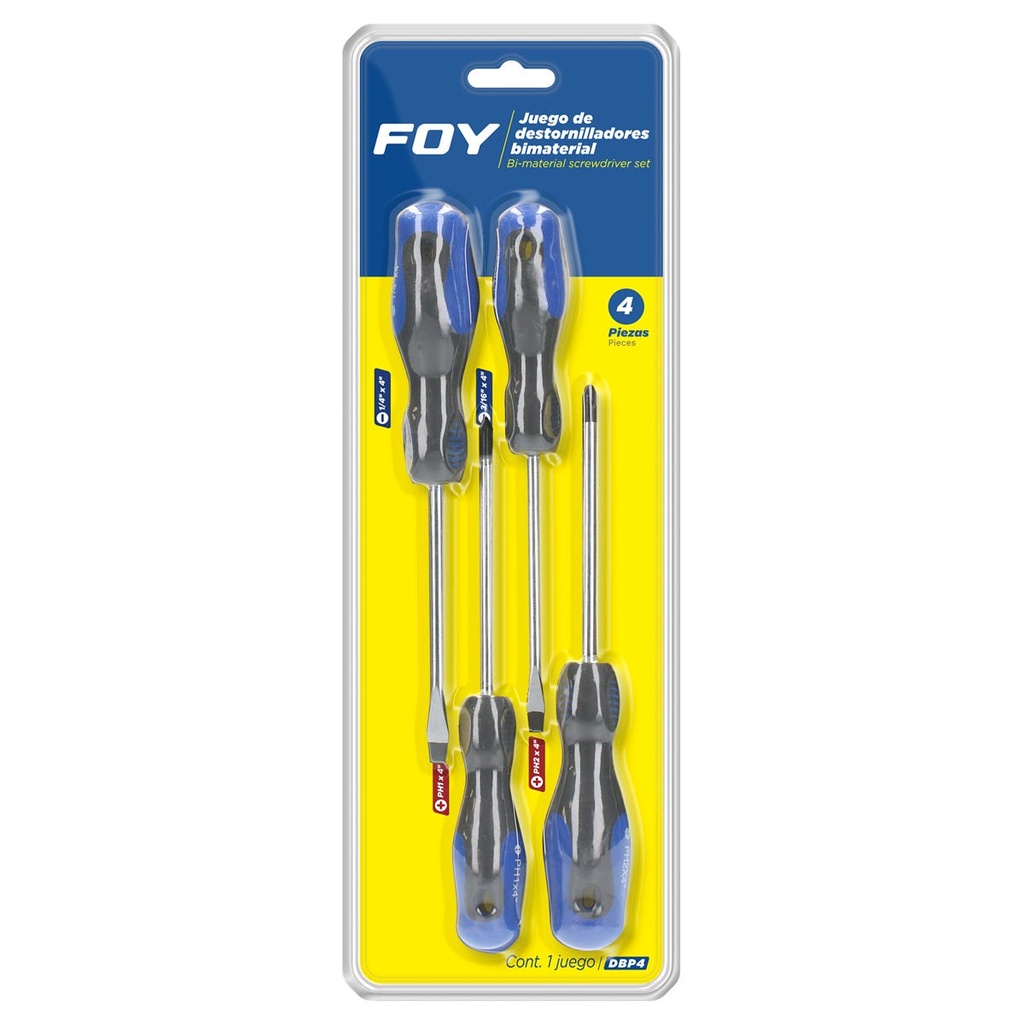 Juego de destornilladores con mango bimaterial combinados, 4 piezas en blíster Foy