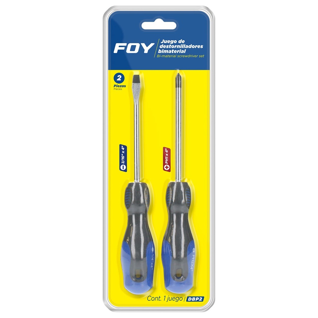 Juego de destornilladores con mango bimaterial combinados, 2 piezas en blíster Foy