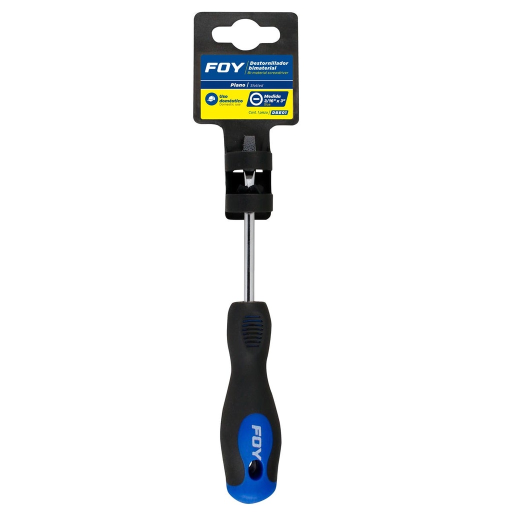 Destornillador con mango bimaterial, punta plana 3/16" x 3" Foy