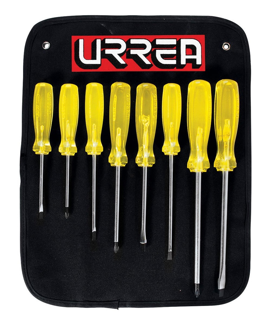 Juego de destornilladores con mango ámbar combinados, 8 piezas en estuche Urrea