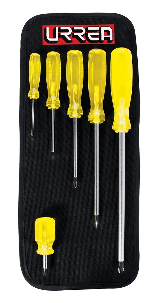 Juego de destornilladores con mango ámbar punta Phillips, 6 piezas en estuche Urrea