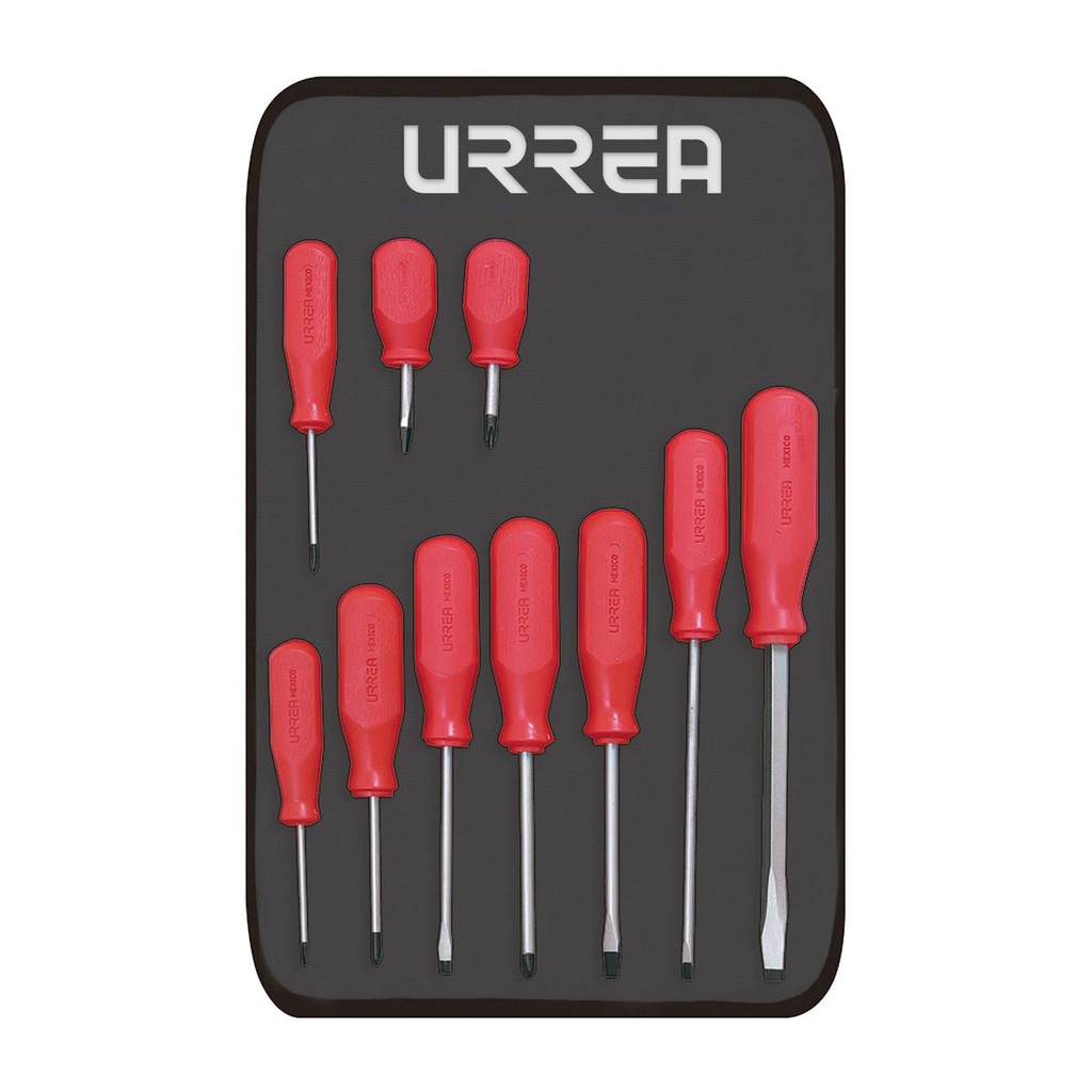 Juego de destornilladores con mango rojo, combinados, 10 piezas en estuche Urrea