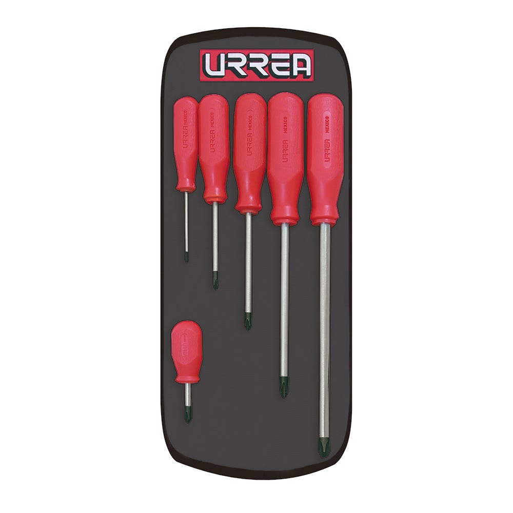 Juego de destornilladores con mango rojo, punta Phillips, 6 piezas en estuche Urrea