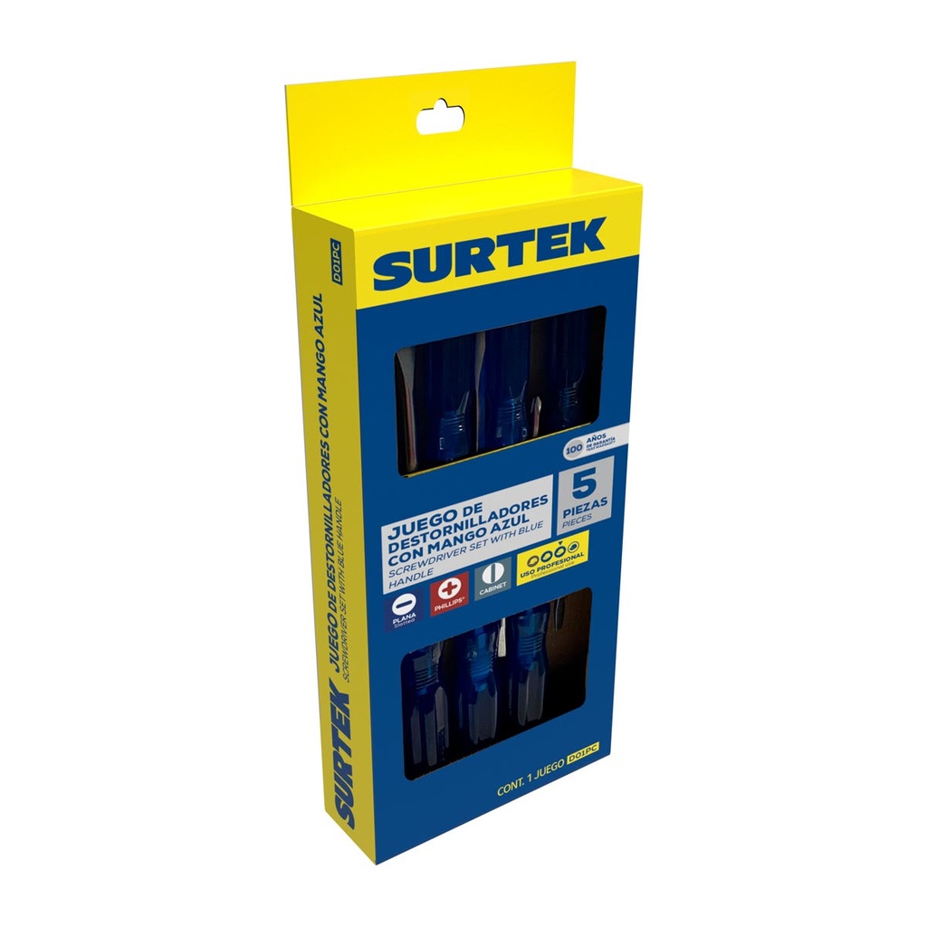 Juego de destornilladores con mango azul combinados, 5 piezas en caja Surtek