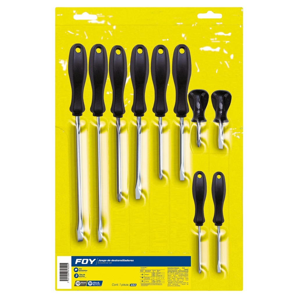 Juego de destornilladores con mango negro combinados, 10 piezas en blíster Foy