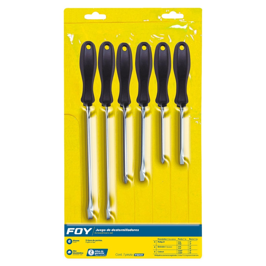 Juego de destornilladores con mango negro combinados, 6 piezas en blíster Foy
