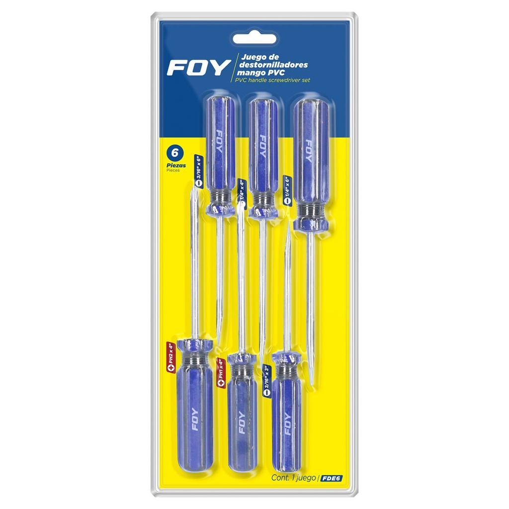 Juego de destornilladores con mango de PVC combinados, 6 piezas en blíster Foy