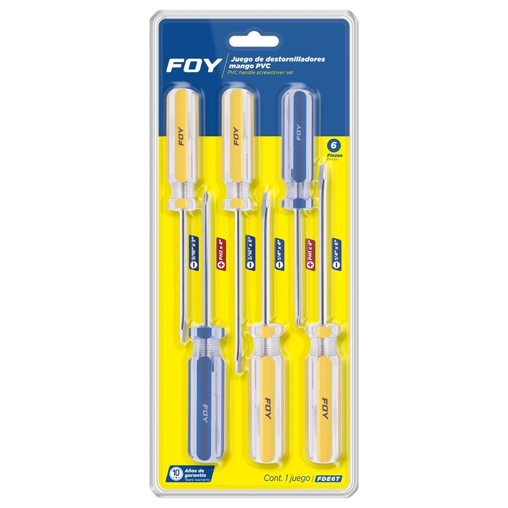 Juego de destornilladores con mango de PVC combinados, 6 piezas en blíster Foy