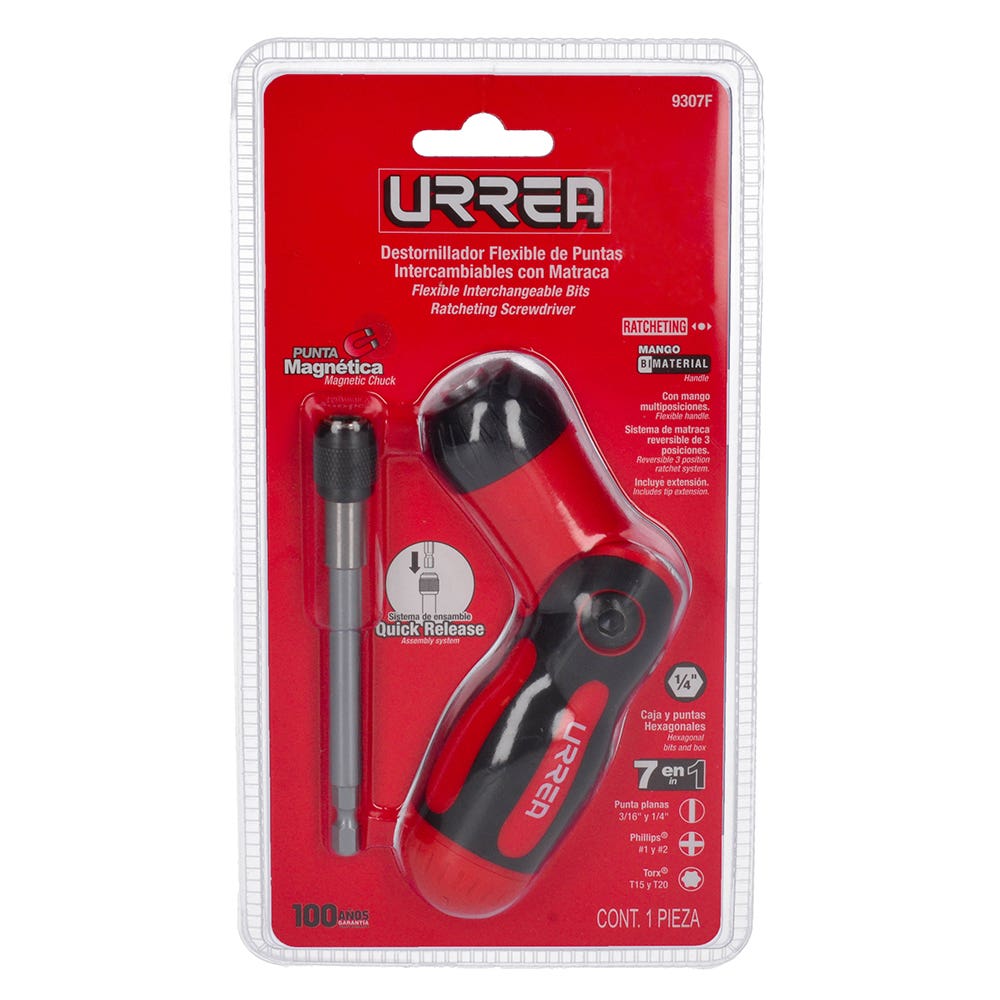 Destornillador con mango bimaterial de matraca flexible con puntas intercambiables 7 en 1 Urrea