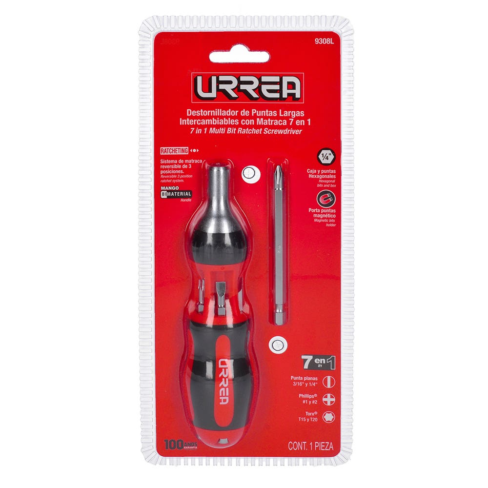 Destornillador con mango bimaterial de matraca con puntas largas intercambiables 7 en 1 Urrea