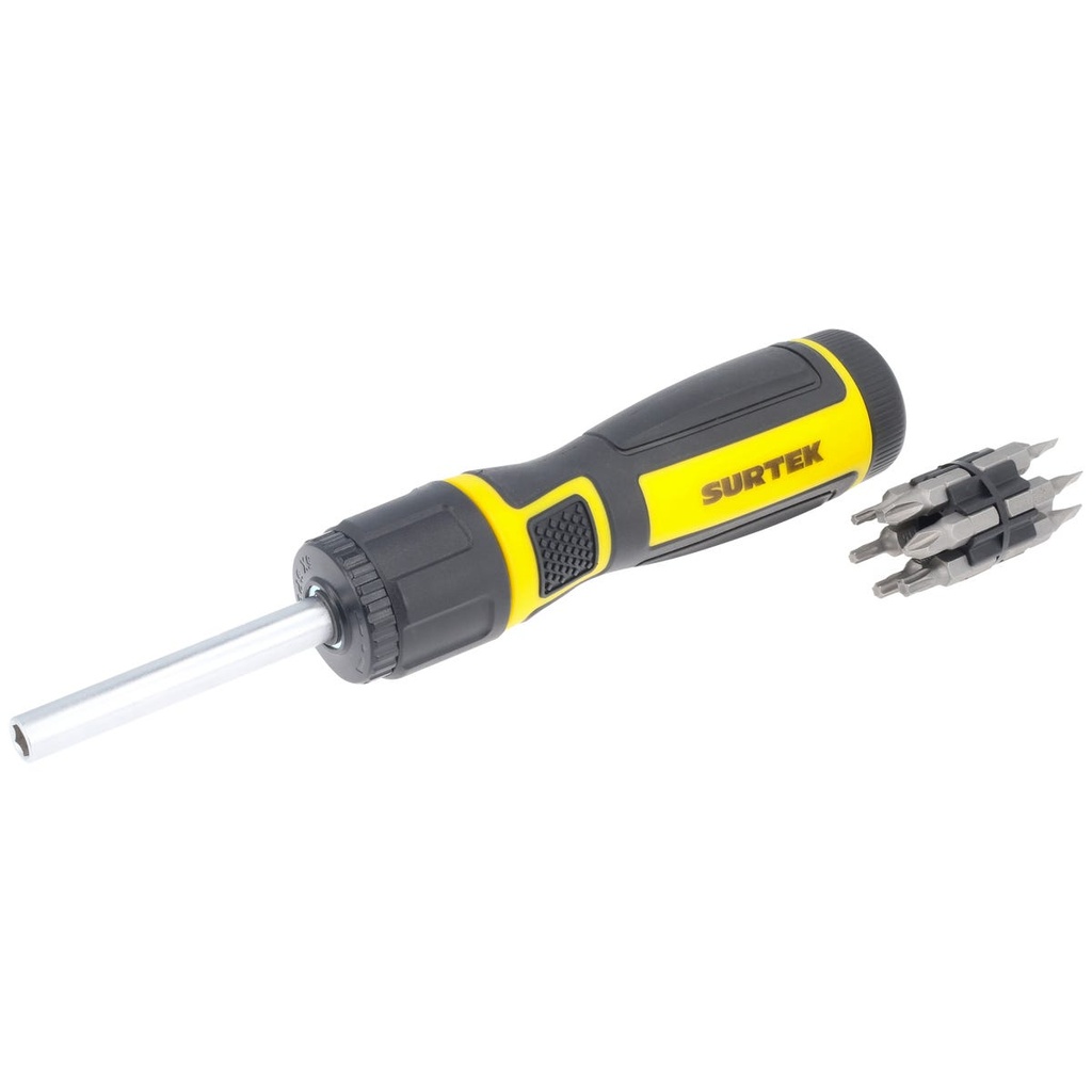 Destornillador con mango bimaterial de matraca reversible 5X con puntas 12 en 1 Surtek