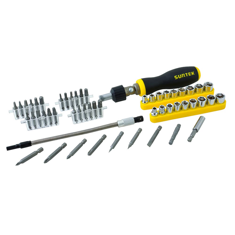 Juego de puntas y accesorios hexágono de 1/4", 53 piezas en caja plástica Surtek
