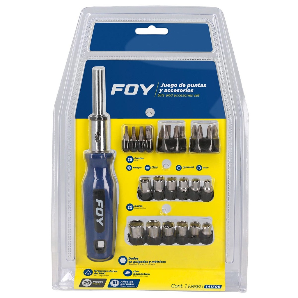 Juego de puntas y accesorios hexágono de 1/4", 29 piezas en blíster Foy