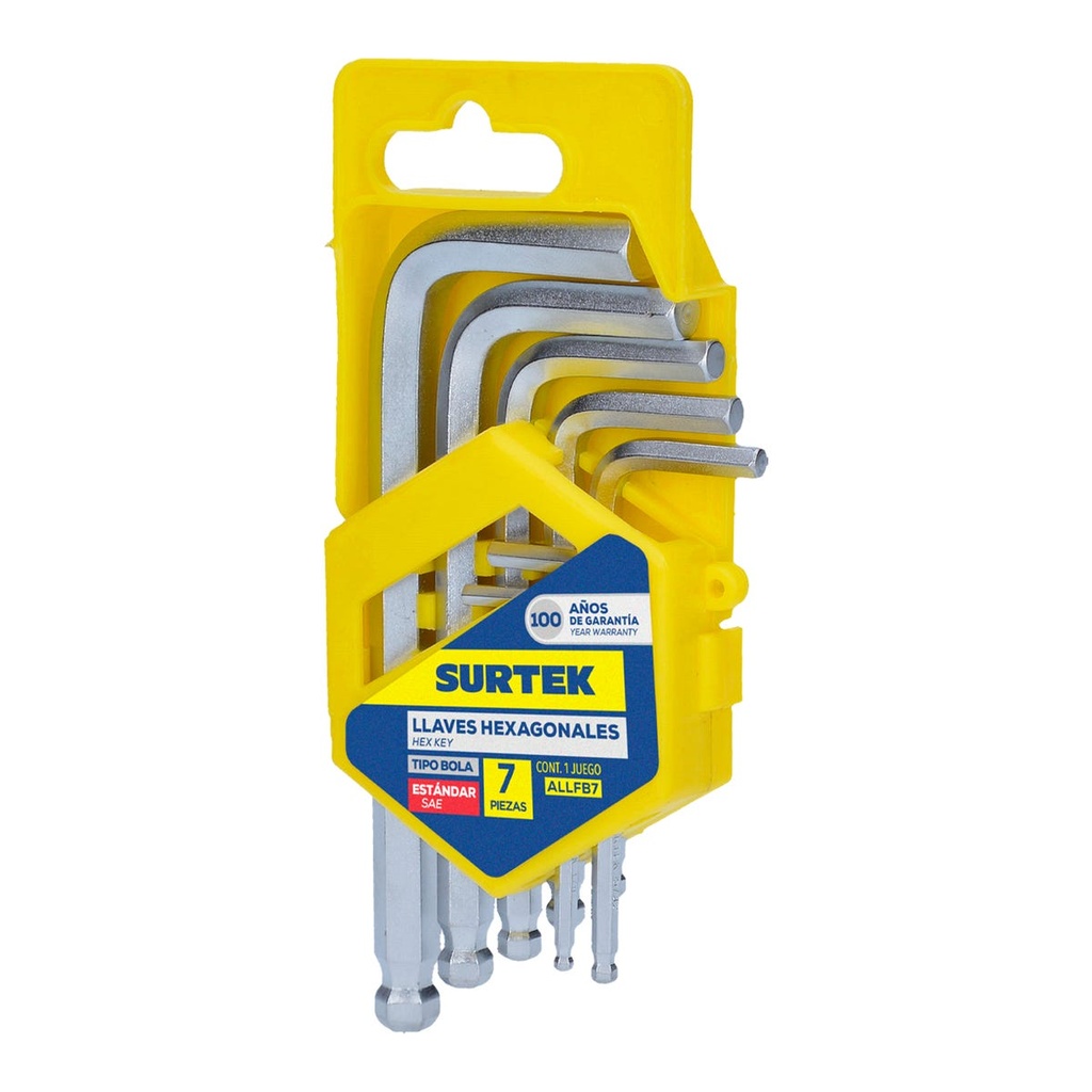 Juego de llaves hexagonales tipo "L" punta de bola, en pulgadas, 7 piezas en rack Surtek