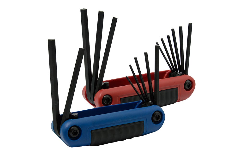 Juego de llaves hexagonales tipo navaja en pulgadas y métricas estuche bimaterial, 16 pz Urrea