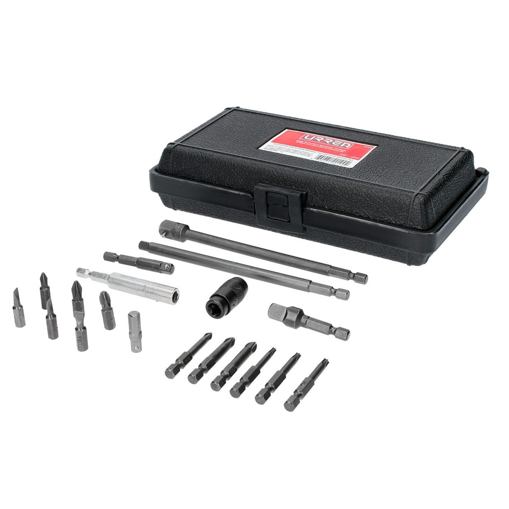 Juego de puntas y accesorios cuadro de 1/4", 19 piezas en caja plástica Urrea