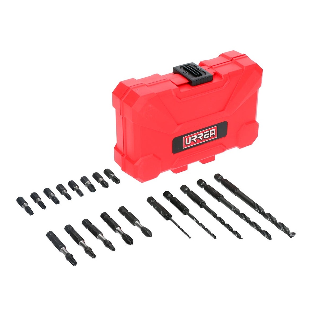 Juego de puntas y accesorios con sistema de amortiguación de impacto, 18 piezas Urrea