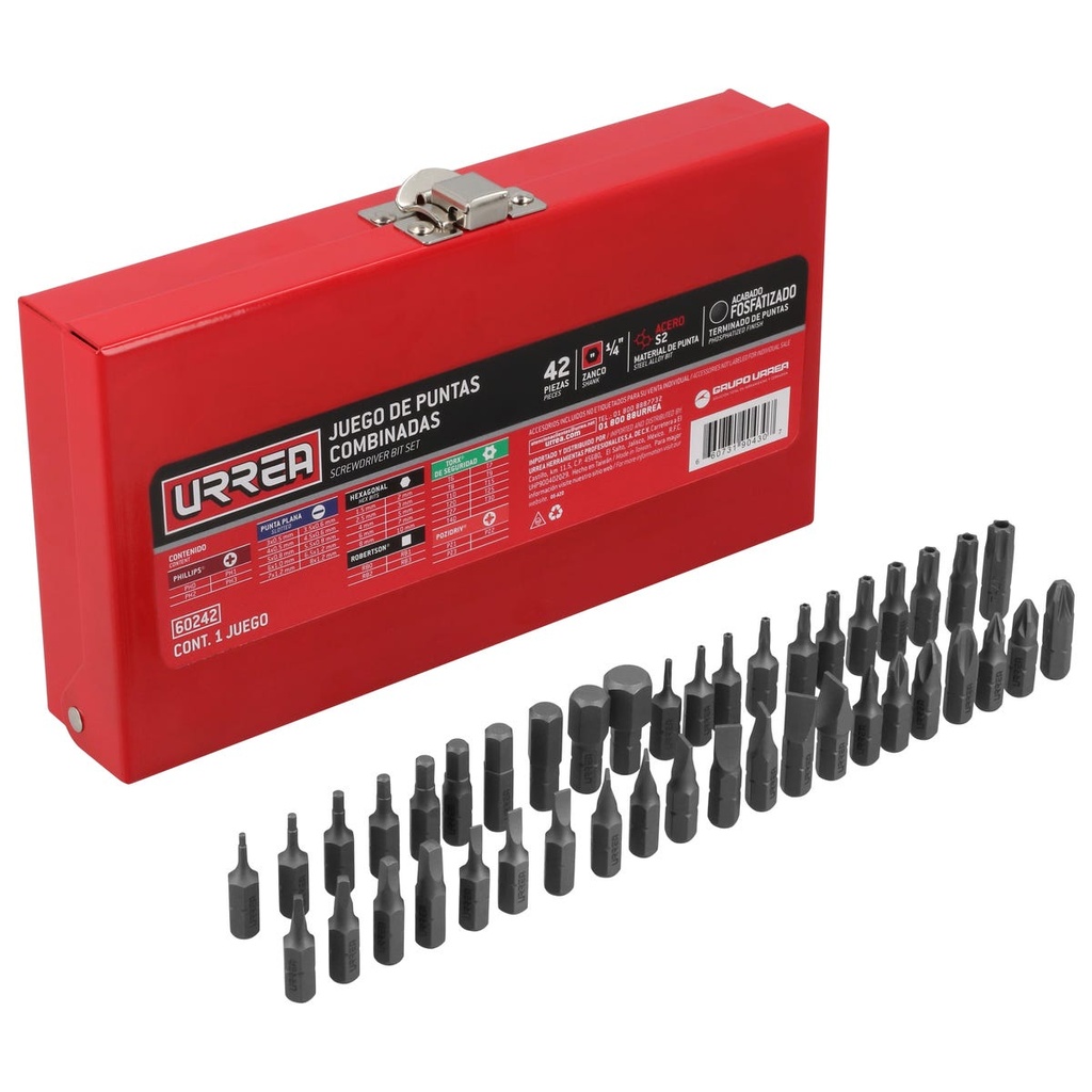 Juego combinado de puntas hexágono de 1/4", 42 piezas en caja metalica Urrea