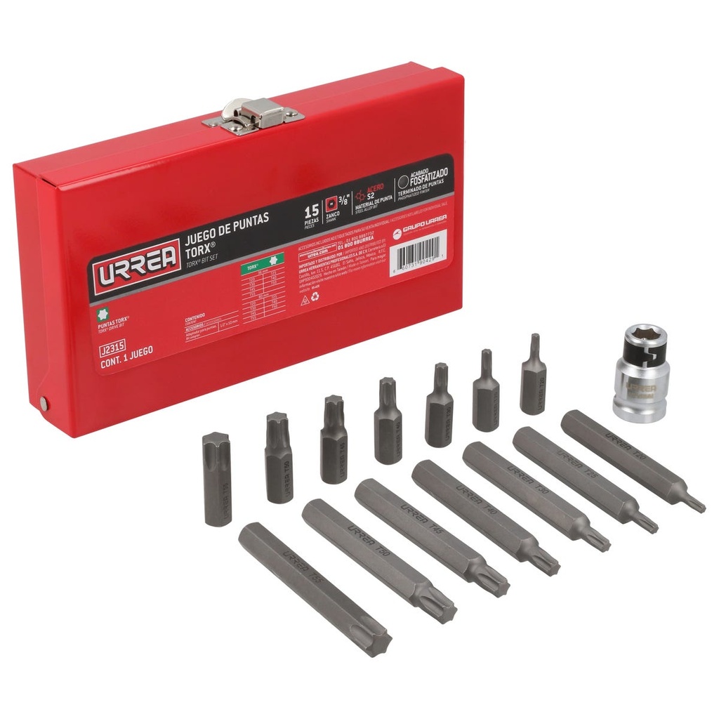 Juego de puntas Torx hexágono de 3/8" con adaptador, 15 piezas en caja metalica Urrea