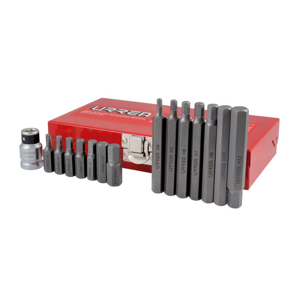 Juego de puntas hexagonales hexágono de 3/8" mét, con adaptador, 15 pz en caja metalica Urrea