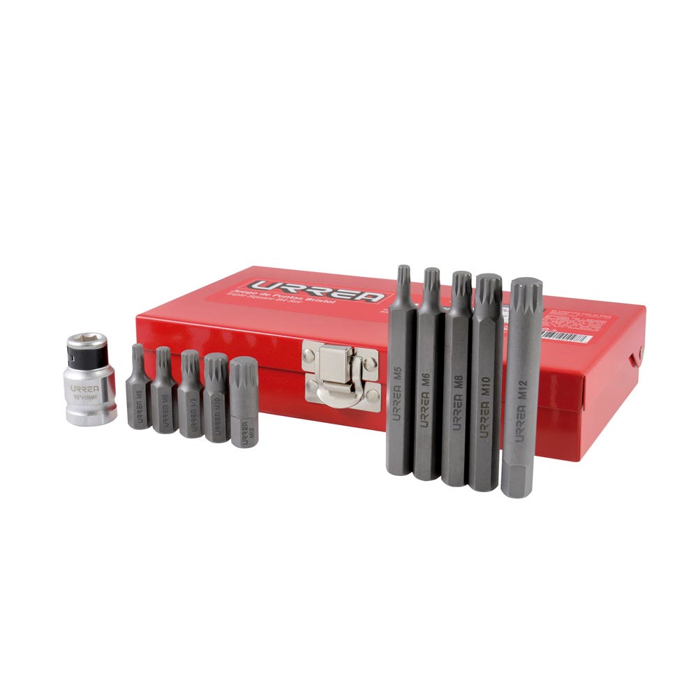 Juego de puntas bristol hexágono de 3/8" con adaptador, 11 piezas en caja metálica Urrea