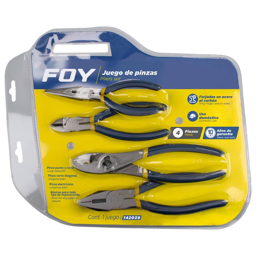 Juego de pinzas para electricista con mango doble plastisol, 4 piezas Foy