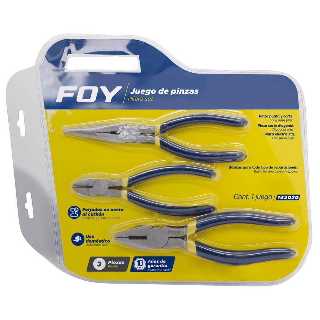 Juego de pinzas para electricista con mango doble plastisol, 3 piezas Foy