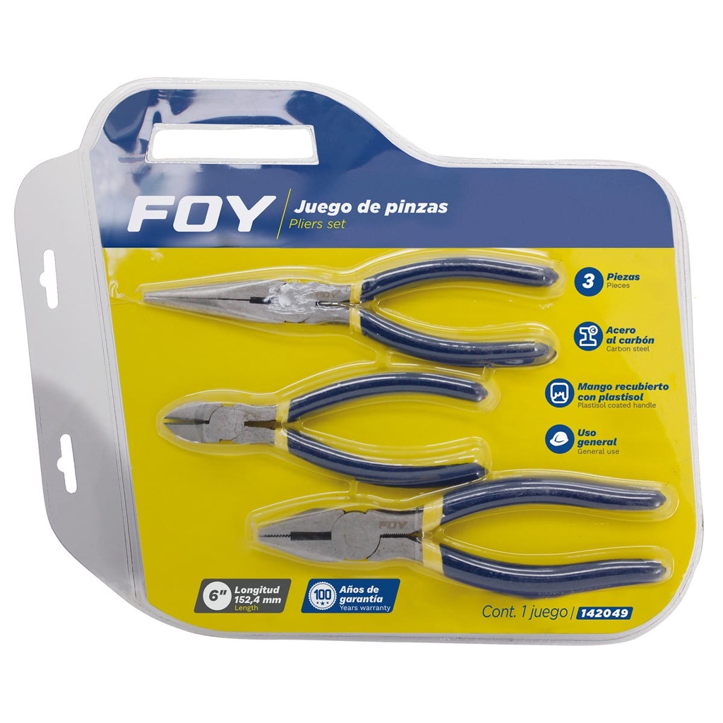 Juego de pinzas para electricista con mango doble plastisol, 3 piezas Foy