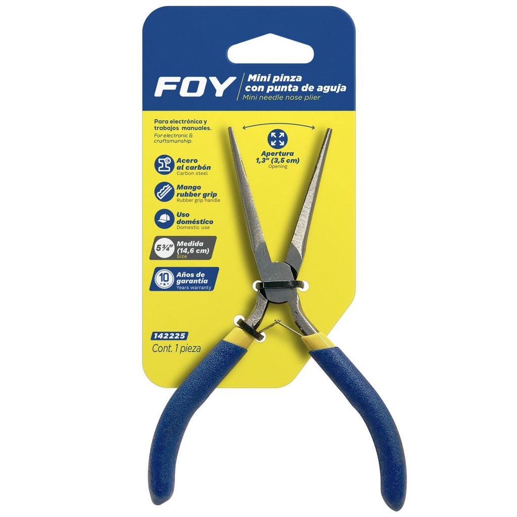 Mini pinza para electrónica con mango de vinil punta aguja de 5-3/4" Foy
